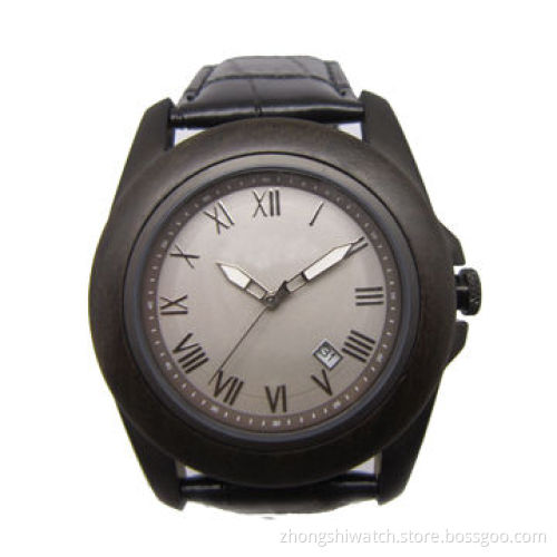 Big Men's Fashionable Watch, SS and Wooden Case, Leather Strap, 30 Meters Water-resistant